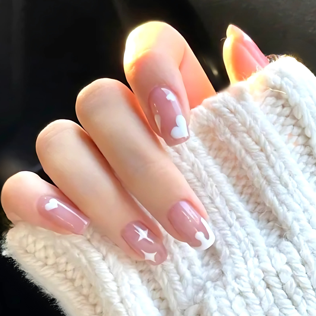 Nude Heart and Star Press On Nails
