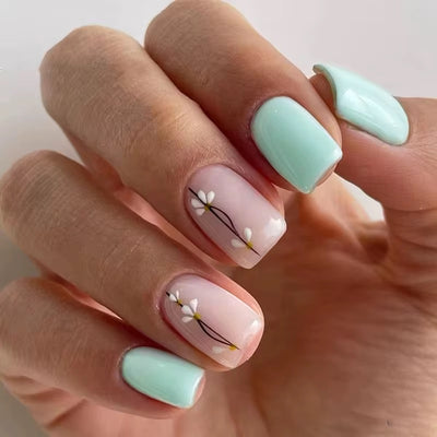 Mint Green Floral Press On Nail