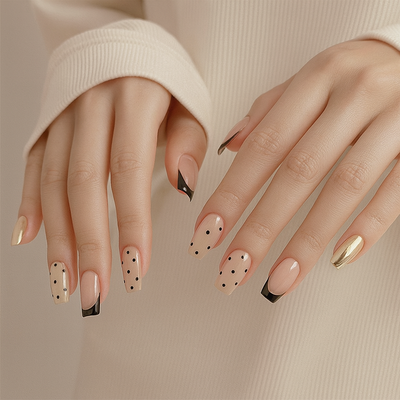 Black French & Polka Press On Nails